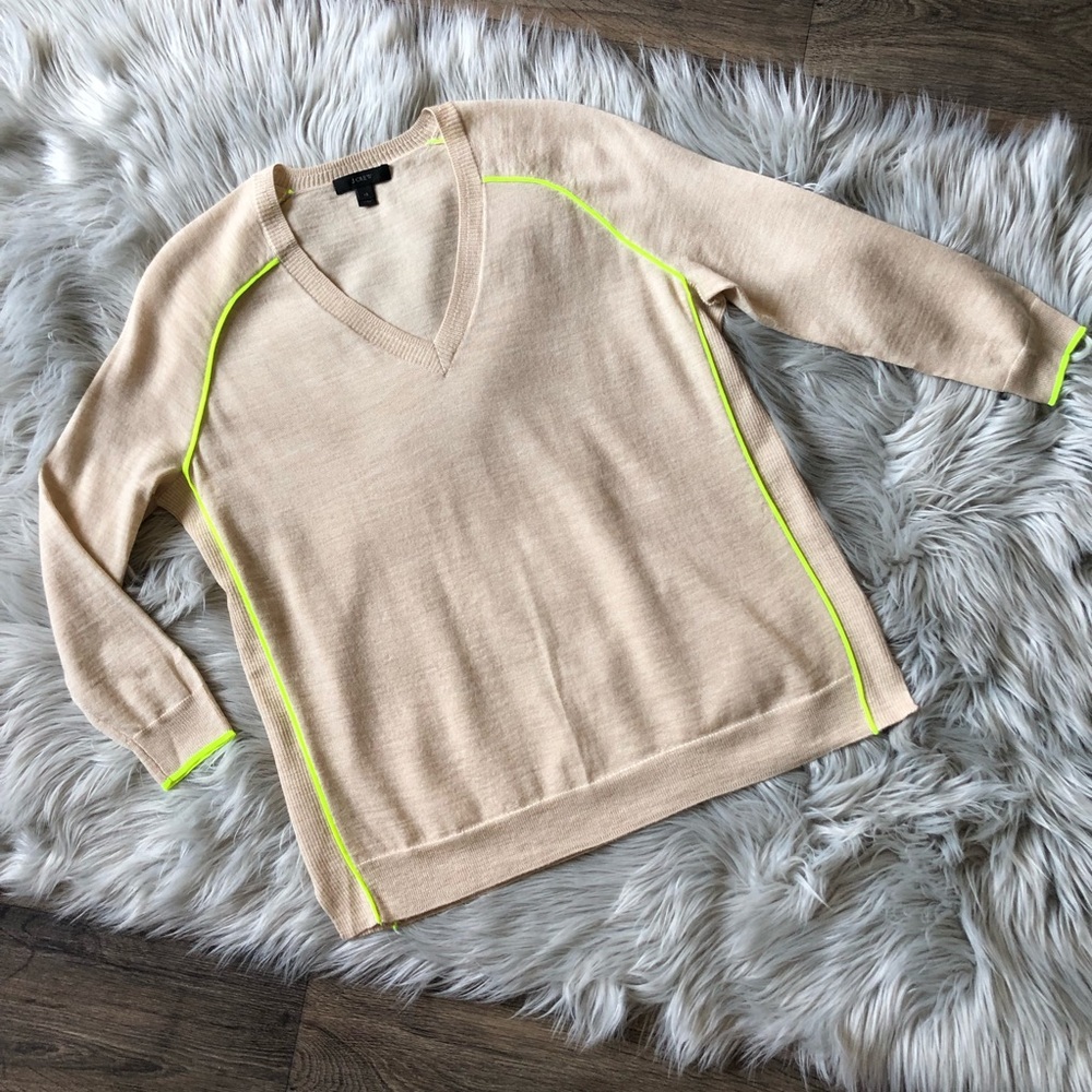 J. Crew Merino Wool V Neck Sweater w/ Neon Detail